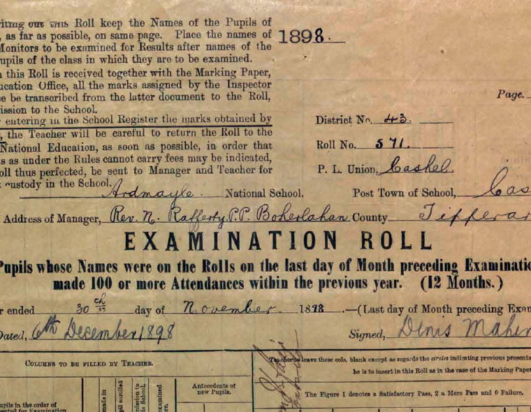 Ardmayle National School Examination Rolls 1882-1889