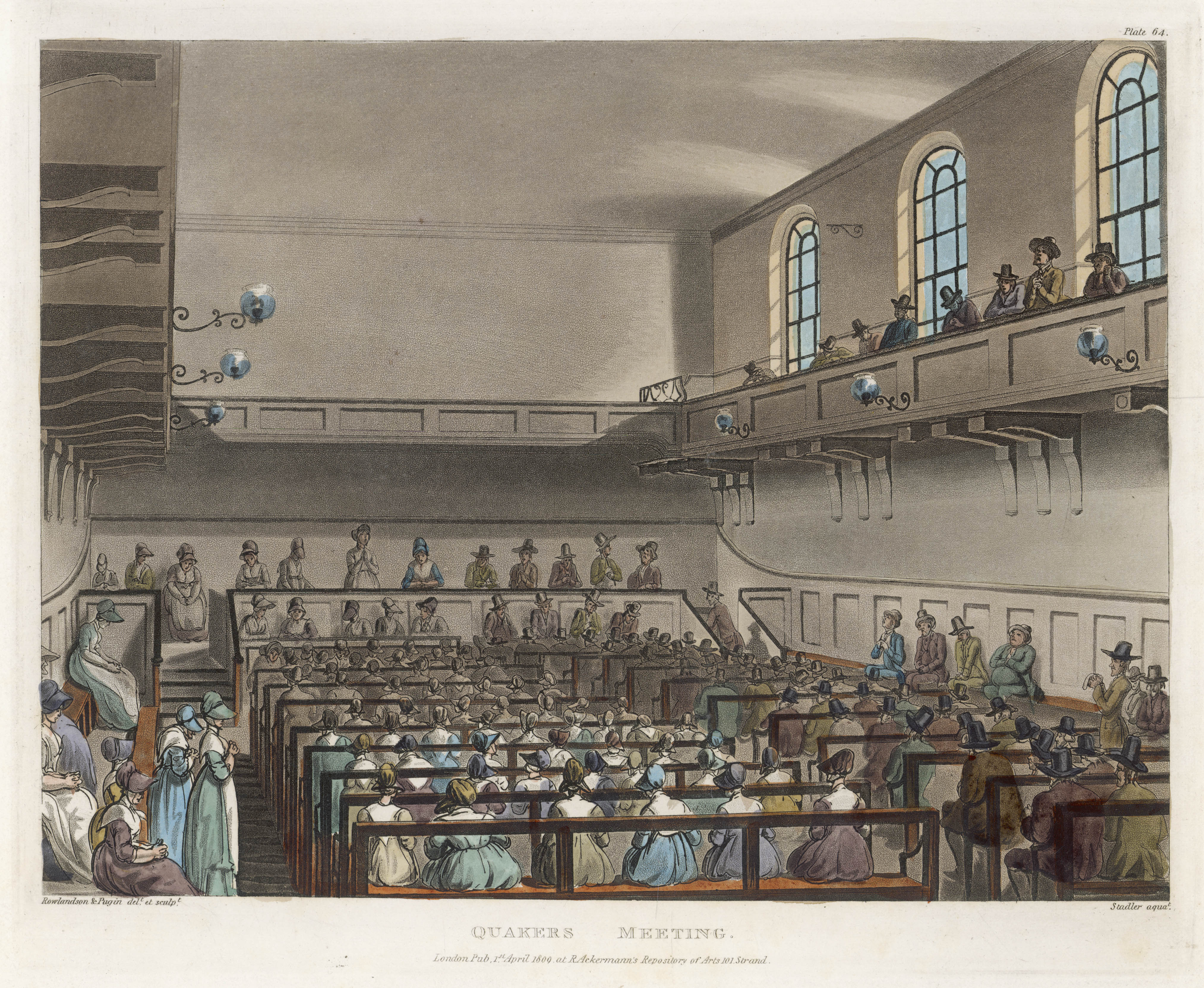 A Quakers Meeting in a London meeting-house : the men and women are seated separately, the women wearing their bonnets, the men their hats. Date: 1809