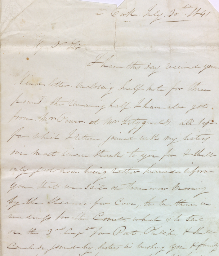 Letter From Daniel Glissan To Edmund Cooke, Brownstown, Thurles. 30th July 1841